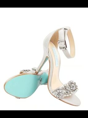 Betsey Johnson Juno Crystal Embellished Ivory Ankle-Strap Heels, Size 9